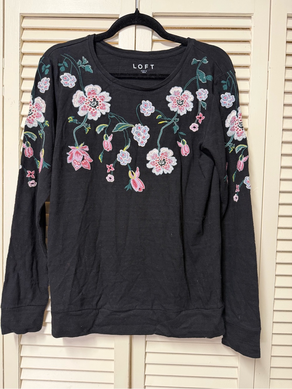 NWOT LOFT Black Floral Embroidered Long-Sleeve Top